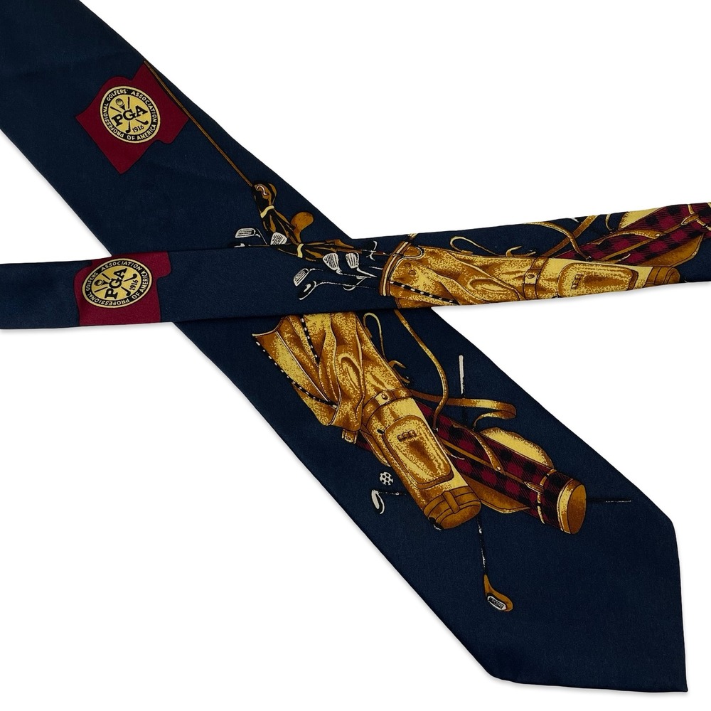 Vintage The Silk Connection Necktie Tie PGA Golf Bag Navy Blue Novelty Korea